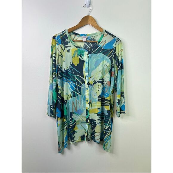 LOGO Layers by Lori Goldstein Women’s Top 1X Abstract Print Sheer Button‎ Front - Picture 1 of 11